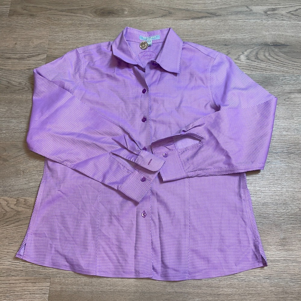 Foxcroft Womens Size 12P Non-Iron Fitted Long Sleeve Shirt Purple Diamond Geomet